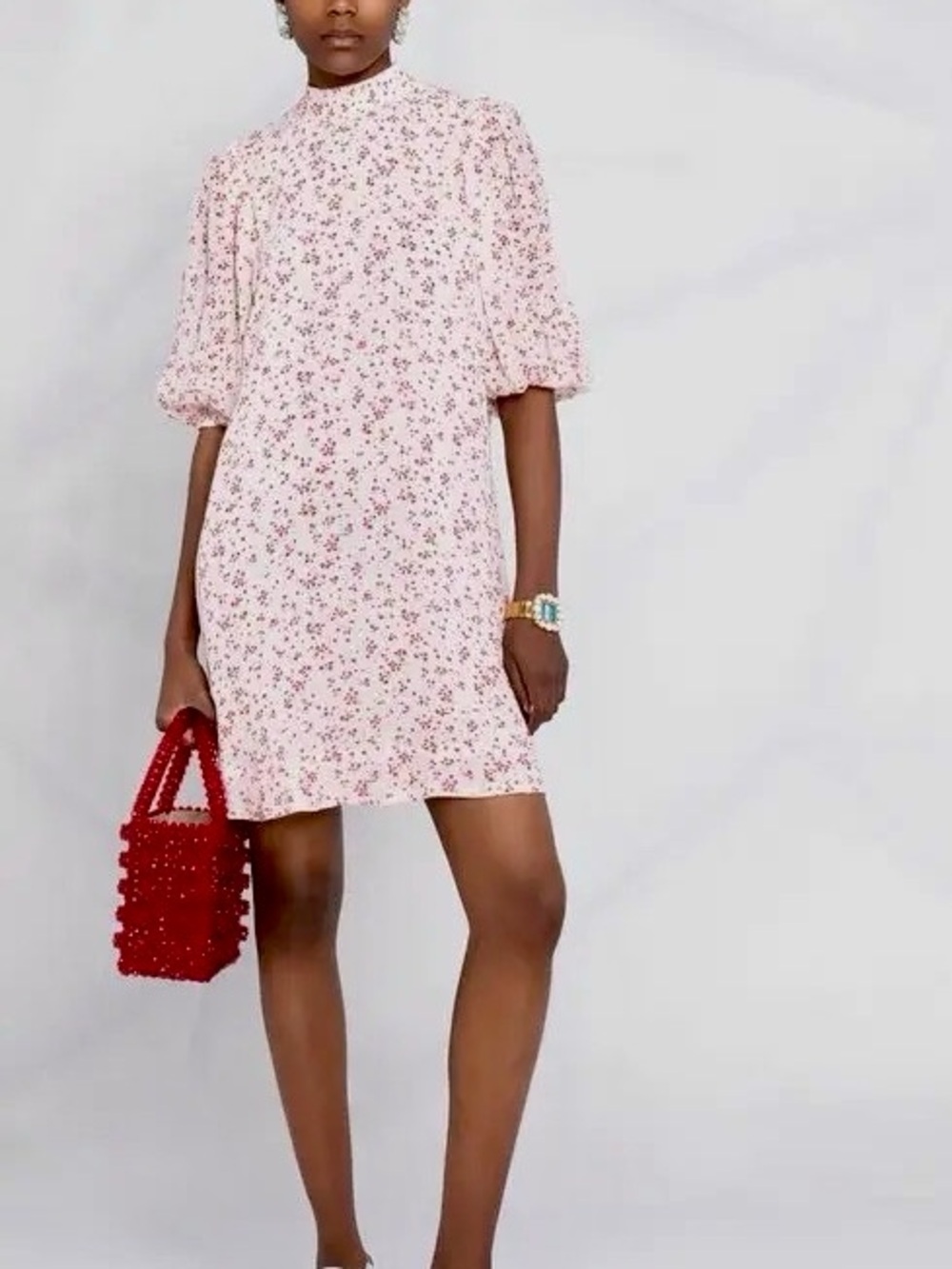 NWT Ganni Printed Georgette Mini Dress in Egret White w Red Floral Print Sz S